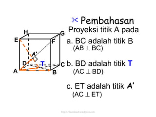 Pembahasan Proyeksi titik A pada a. BC adalah titik b. BD adalah titik c. ET adalah titik  B T A’ A’ (AC    ET) (AB    BC) (AC    BD) http://meetabied.wordpress.com A B C D H E F G T 