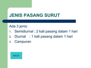 JENIS PASANG SURUT
Ada 3 jenis:
1. Semidiurnal : 2 kali pasang dalam 1 hari
2. Diurnal : 1 kali pasang dalam 1 hari
3. Campuran
BACK
 