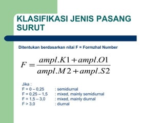 KLASIFIKASI JENIS PASANG
SURUT
Ditentukan berdasarkan nilai F = Formzhal Number
2.2.
1.1.
SamplMampl
OamplKampl
F
+
+
=
Jika :
F = 0 – 0,25 : semidiurnal
F = 0,25 – 1,5 : mixed, mainly semidiurnal
F = 1,5 – 3,0 : mixed, mainly diurnal
F > 3,0 : diurnal
 