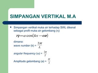 SIMPANGAN VERTIKAL M.A
 Simpangan vertikal muka air terhadap SWL dikenal
sebagai profil muka air gelombang (η)
dimana:
wave number (k) =
angular frequency (ω) =
Amplitudo gelombang (a) =
T
π2
( )tkxa ωη −= cos
L
π2
2
H
 