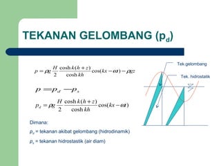 TEKANAN GELOMBANG (pd)
sd ppp −=
Dimana:
pd = tekanan akibat gelombang (hidrodinamik)
ps = tekanan hidrostastik (air diam)
gztkx
kh
zhkH
gp ρωρ −−
+
= )cos(
cosh
)(cosh
2
)cos(
cosh
)(cosh
2
tkx
kh
zhkH
gpd ωρ −
+
=
Tek.gelombang
Tek. hidrostatik
 