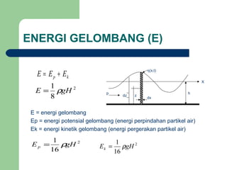 ENERGI GELOMBANG (E)
E = energi gelombang
Ep = energi potensial gelombang (energi perpindahan partikel air)
Ek = energi kinetik gelombang (energi pergerakan partikel air)
kp EEE +=
2
16
1
gHEp ρ= 2
16
1
gHEk ρ=
2
8
1
gHE ρ=
dx
h
X
η(x,t)
zdz
p
 