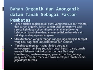 Bahan Organik dan Anorganik
dalam Tanah Sebagai Faktor
Pembatas
  
 Tanah adalah bagian kerak bumi yang tersusun dari mineral
  dan bahan organik. Tanah sangat vital peranannya bagi
  semua kehidupan di bumi karena tanah mendukung
  kehidupan tumbuhan dengan menyediakan hara dan air
  sekaligus sebagai penopang akar.
 Struktur tanah yang berongga-rongga juga menjadi tempat
  yang baik bagi akar untuk bernafas dan tumbuh.
 Tanah juga menjadi habitat hidup berbagai
  mikroorganisme. Bagi sebagian besar hewan darat, tanah
  menjadi lahan untuk hidup dan bergera Dari segi
  klimatologi, tanah memegang peranan penting sebagai
  penyimpan air dan menekan erosi, meskipun tanah sendiri
  juga dapat tererosi
 