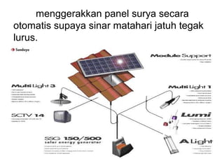 menggerakkan panel surya secara
otomatis supaya sinar matahari jatuh tegak
lurus.
 