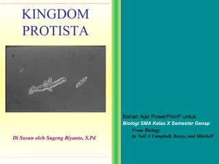 KINGDOM
   PROTISTA




                                     Bahan Ajar PowerPoint® untuk
                                     Biologi SMA Kelas X Semester Genap
                                         From Biology
Di Susun oleh Sugeng Riyanto, S.Pd       by Neil A Campbell, Reece, and Mitchell
 