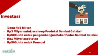 Investasi
12
Dana Rp5 Milyar
• Rp3 Milyar untuk scale-up Produksi Sambal Galaksi
• Rp500 Juta untuk pengembangan Ceker Pedas Sambal Galaksi
• Rp1 Milyar aset tetap
• Rp500 Juta untuk Promosi
 
