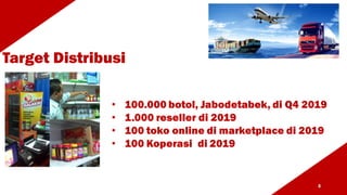 Target Distribusi
8
• 100.000 botol, Jabodetabek, di Q4 2019
• 1.000 reseller di 2019
• 100 toko online di marketplace di 2019
• 100 Koperasi di 2019
 
