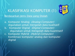 KLASIFIKASI KOMPUTER (1)
Berdasarkan Jenis Data yang Diolah
a. Komputer Analog (Analog Computer)
digunakan untuk mengolah data kualitatif
b. Komputer Digital (Digital Computer)
digunakan untuk mengolah data kuantitatif
c. Komputer Hybrid (Hybrid Computer)
Kombinasi komputer analog dan komputer
digital
 