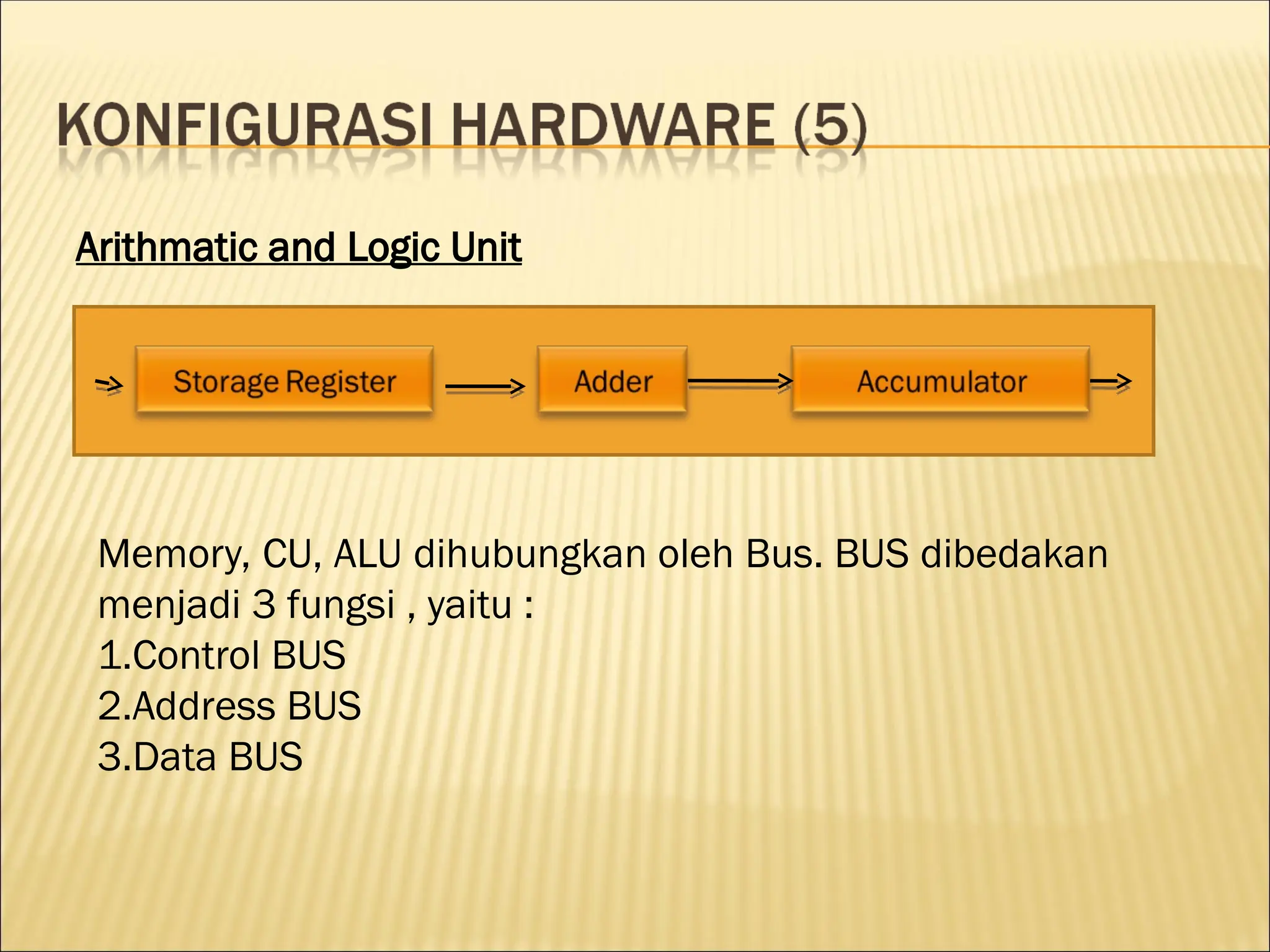 Arithmatic and Logic Unit
Memory, CU, ALU dihubungkan oleh Bus. BUS dibedakan
menjadi 3 fungsi , yaitu :
1.Control BUS
2.Address BUS
3.Data BUS
 
