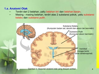 1.a. Anatomi Otak
– Terdiri dari 2 belahan, yaitu belahan kiri dan belahan kanan.
– Masing - masing belahan, terdiri atas 2 substansi pokok, yaitu substansi
kelabu dan substansi putih.
Substansi Kelabu
(Kumpulan badan sel, dendrit dan akson tak bermielin)
Substansi Putih
(Kumpulan akson bermielin)
Ventrikel
(rongga berisi
cairan serebrospinal)
Gambar 3 : Susunan anatomi otak yang disayat vertikal. 4
 