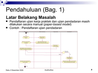 Pendahuluan (Bag. 1) Pendaftaran ujian kerja praktek dan ujian pendadaran masih dilakukan secara manual ( paper-based model ) Contoh : Pendaftaran ujian pendadaran Latar Belakang Masalah 