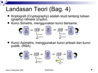 Landasan Teori (Bag.  4 ) Kriptografi (Cryptography) adalah studi tentang tulisan (graphy) rahasia (crypto). Kunci Simetris, menggunakan kunci bersama. Kunci Asimetris, menggunakan kunci pribadi dan kunci publik. (RSA) 