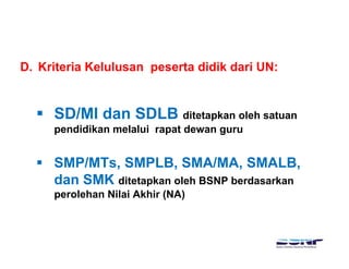 D. Kriteria Kelulusan peserta didik dari UN:


     SD/MI dan SDLB ditetapkan oleh satuan
     pendidikan melalui rapat dewan guru


     SMP/MTs, SMPLB, SMA/MA, SMALB,
     dan SMK ditetapkan oleh BSNP berdasarkan
                   p
     perolehan Nilai Akhir (NA)
 