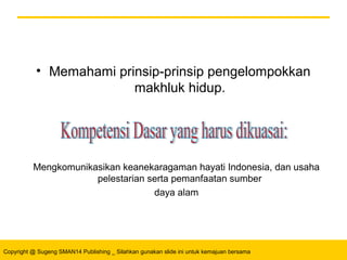 Copyright @ Sugeng SMAN14 Publishing _ Silahkan gunakan slide ini untuk kemajuan bersama
• Memahami prinsip-prinsip pengelompokkan
makhluk hidup.
Mengkomunikasikan keanekaragaman hayati Indonesia, dan usaha
pelestarian serta pemanfaatan sumber
daya alam
 