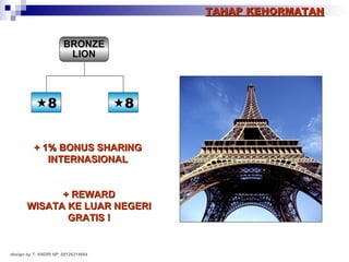 TAHAP KEHORMATAN + 1% BONUS SHARING INTERNASIONAL + REWARD WISATA KE LUAR NEGERI GRATIS ! BRONZE LION design by T. ANDRI HP. 08126314664  8  8 