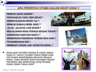 Anda pasti memiliki prioritas & impian dalam hidup ini, namun mungkin belum dapat anda raih karena keterbatasan ekonomi ataupun waktu. Coba kembali anda renungkan secara mendalam apa sebenarnya yang menjadi impian dalam hidup anda? APA PRIORITAS UTAMA DALAM HIDUP ANDA ? MEMILIKI USAHA SENDIRI ? PENGHASILAN YANG LEBIH BESAR ? MEMBAHAGIAKAN ORANG TUA ? MEMILIKI RUMAH & MOBIL BARU ? JALAN - JALAN KE LUAR NEGERI ? MENJALANKAN MASA PENSIUN DENGAN TENANG ? KEBEBASAN UANG DAN WAKTU ? MEMBERIKAN PENDIDIKAN TERBAIK BAGI ANAK ? PENGEMBANGAN DIRI ? MEMBANTU ORANG LAIN / KEGIATAN SOSIAL ? design by T. ANDRI HP. 08126314664 