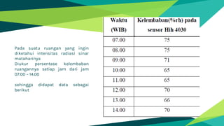 Pada suatu ruangan yang ingin
diketahui intensitas radiasi sinar
mataharinya
Diukur persentase kelembaban
ruangannya setiap jam dari jam
07.00 – 14.00
sehingga didapat data sebagai
berikut
 