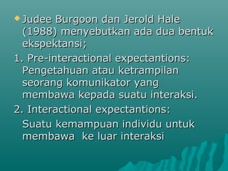 Judee Burgoon dan Jerold HaleJudee Burgoon dan Jerold Hale
(1988) menyebutkan ada dua bentuk(1988) menyebutkan ada dua bentuk
ekspektansi;ekspektansi;
1. Pre-interactional expectantions:1. Pre-interactional expectantions:
Pengetahuan atau ketrampilanPengetahuan atau ketrampilan
seorang komunikator yangseorang komunikator yang
membawa kepada suatu interaksi.membawa kepada suatu interaksi.
2. Interactional expectantions:2. Interactional expectantions:
Suatu kemampuan individu untukSuatu kemampuan individu untuk
membawa ke luar interaksimembawa ke luar interaksi
 