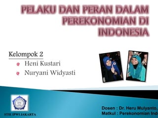 Kelompok 2 
Heni Kustari 
Nuryani Widyasti 
STIE IPWI JAKARTA 
Dosen : Dr. Heru Mulyanto,SE 
Matkul : Perekonomian Indonesia 
 
