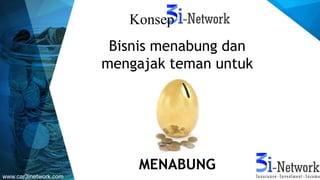 Bisnis menabung dan
mengajak teman untuk
MENABUNG
Konsep
www.car3inetwork.com
 