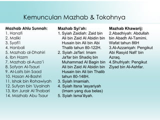 Kemunculan Mazhab & Tokohnya Mazhab Ahlu Sunnah: 1. Hanafi 2. Maliki 3. Syafi'i 4. Hanbali 5. Mazhab al-Dhahiri  6. Ibn Hazm 7. Mazhab al-Auza’i 8. Sofyan Al-Tsauri 9. Al-Laits bin Saad 10. Hasan Al-Bashri 11. Ishak bin Rohawiyah 12. Sufyan bin 'Uyainah 13. Ibn Jurair Al Thabari 14. Mazhab Abu Tsaur Mazhab Syi’ah:   1. Syiah Zaidiah: Zaid bin Ali bin Zaid Al Abidin bin Husain bin Ali bin Abi Thalib tahun 80-122H. 2. Syiah Ja'fari: Imam Ja'far bin Shadiq bin Muhammad Al Bagin bin Ali bin Zaid Al Abidin bin Husain bin Ali bin Thalib tahun 80-148H. 3. Syiah Imamiah. 4. Syiah Itsna 'asyariyah (Imam yang dua belas) 5. Syiah Isma’iliyah. Mazhab Khawarij: Abadhiyah: Abdullah bin Abadh Al-Tamimi. Wafat tahun 86H  Al-Azzariqah: Pengikut Abi Rasyid Nafi' bin Azraq.  Shufriyah: Pengikut Ziyad bin Al-Ashfar.  