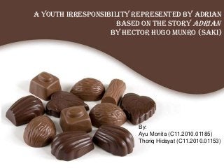 A Youth Irresponsibility represented by Adrian
based on the story Adrian
by Hector Hugo Munro (Saki)

By:
Ayu Monita (C11.2010.01185)
Thoriq Hidayat (C11.2010.01153)
Free Powerpoint Templates

Page 1

 