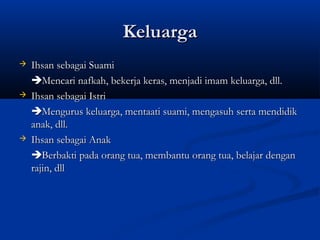 Keluarga
   Ihsan sebagai Suami
    Mencari nafkah, bekerja keras, menjadi imam keluarga, dll.
   Ihsan sebagai Istri
    Mengurus keluarga, mentaati suami, mengasuh serta mendidik
    anak, dll.
   Ihsan sebagai Anak
    Berbakti pada orang tua, membantu orang tua, belajar dengan
    rajin, dll
 