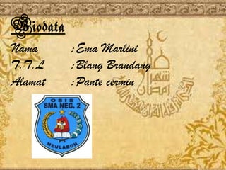 Biodata
Nama :Ema Marlini
T.T.L :Blang Brandang
Alamat :Pante cermin
 
