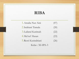 RIBA
1.Amalia Nur Aini (07)
2.Indriani Tamala (20)
3.Lailatul Karimah (22)
4.Ma’ruf Hasan (23)
5.Resti Kusindriani (26)
Kelas : XI-IPA-3
 