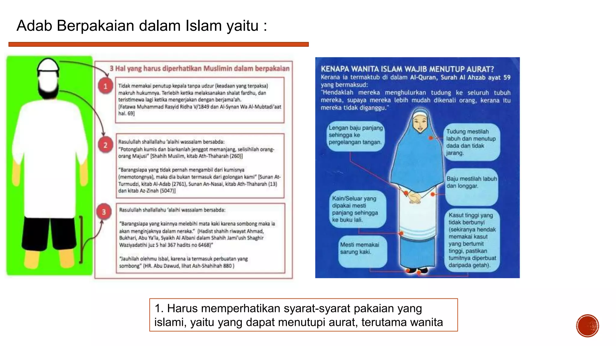 Adab Berpakaian dalam Islam yaitu :

1. Harus memperhatikan syarat-syarat pakaian yang
islami, yaitu yang dapat menutupi aurat, terutama wanita

 