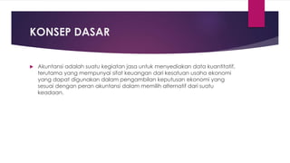 KONSEP DASAR 
 Akuntansi adalah suatu kegiatan jasa untuk menyediakan data kuantitatif, 
terutama yang mempunyai sifat keuangan dari kesatuan usaha ekonomi 
yang dapat digunakan dalam pengambilan keputusan ekonomi yang 
sesuai dengan peran akuntansi dalam memilih alternatif dari suatu 
keadaan. 
 