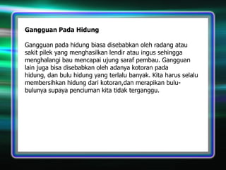 Gangguan Pada Hidung
Gangguan pada hidung biasa disebabkan oleh radang atau
sakit pilek yang menghasilkan lendir atau ingus sehingga
menghalangi bau mencapai ujung saraf pembau. Gangguan
lain juga bisa disebabkan oleh adanya kotoran pada
hidung, dan bulu hidung yang terlalu banyak. Kita harus selalu
membersihkan hidung dari kotoran,dan merapikan bulubulunya supaya penciuman kita tidak terganggu.

 