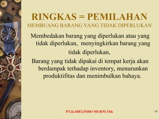 RINGKAS = PEMILAHAN
MEMBUANG BARANG YANG TIDAK DIPERLUKAN
Membedakan barang yang diperlukan atau yang
tidak diperlukan, menyingkirkan barang yang
tidak diperlukan,
Barang yang tidak dipakai di tempat kerja akan
berdampak terhadap inventory, menurunkan
produktifitas dan menimbulkan bahaya.
14
PT.KABELINDO MURNI Tbk
 