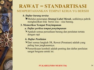 RAWAT = STANDARTISASI
MEMPERTAHANKAN TEMPAT KERJA YG BERSIH
b. Daftar barang tersisa
Melalui penerapan Strategi Label Merah, sedikitnya pabrik
menghasilkan truk berisi sisa – sisa barang.
3. Memeriksa Tempat Penyimpanan
a. Daftar periksa tempat penyimpanan
 Apakah semua persediaan barang dan peralatan tertata
dengan rapi
b. Daftar Penilaian
 Dari semua langkah 5R, Rawat (Penataan) adalah yang
paling luas jangkauannya.
 Pemeriksaan kembali adalah penting dan daftar penilaian
sangat berguna untuk ini.
54
PT.KABELINDO MURNI Tbk
 