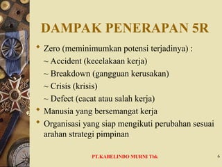DAMPAK PENERAPAN 5R
 Zero (meminimumkan potensi terjadinya) :
~ Accident (kecelakaan kerja)
~ Breakdown (gangguan kerusakan)
~ Crisis (krisis)
~ Defect (cacat atau salah kerja)
 Manusia yang bersemangat kerja
 Organisasi yang siap mengikuti perubahan sesuai
arahan strategi pimpinan
6
PT.KABELINDO MURNI Tbk
 
