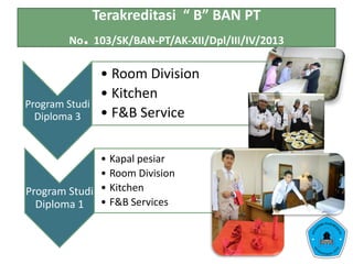 Terakreditasi “ B” BAN PT
No. 103/SK/BAN-PT/AK-XII/Dpl/III/IV/2013
Program Studi
Diploma 3
• Room Division
• Kitchen
• F&B Service
Program Studi
Diploma 1
• Kapal pesiar
• Room Division
• Kitchen
• F&B Services
 