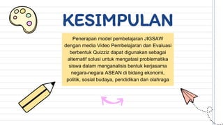 KESIMPULAN
Penerapan model pembelajaran JIGSAW
dengan media Video Pembelajaran dan Evaluasi
berbentuk Quizziz dapat digunakan sebagai
alternatif solusi untuk mengatasi problematika
siswa dalam menganalisis bentuk kerjasama
negara-negara ASEAN di bidang ekonomi,
politik, sosial budaya, pendidikan dan olahraga
 