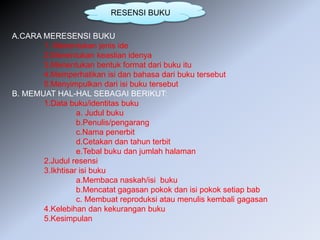 A.CARA MERESENSI BUKU
1. Menentukan jenis ide
2.Menentukan keaslian idenya
3.Menentukan bentuk format dari buku itu
4.Memperhatikan isi dan bahasa dari buku tersebut
5.Menyimpulkan dari isi buku tersebut
B. MEMUAT HAL-HAL SEBAGAI BERIKUT:
1.Data buku/identitas buku
a. Judul buku
b.Penulis/pengarang
c.Nama penerbit
d.Cetakan dan tahun terbit
e.Tebal buku dan jumlah halaman
2.Judul resensi
3.Ikhtisar isi buku
a.Membaca naskah/isi buku
b.Mencatat gagasan pokok dan isi pokok setiap bab
c. Membuat reproduksi atau menulis kembali gagasan
4.Kelebihan dan kekurangan buku
5.Kesimpulan
RESENSI BUKU
 