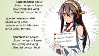 Laporan kasus adalah
tulisan mengenai kasus-
kasus yang ada yang
dilandasi dengan teori
Laporan tinjauan adalah
tulisan yang berisi
tinjauan karya ilmiah dalam
kurun waktu tertentu
Laporan kasus adalah
tulisan mengenai kasus-
kasus yang ada yang
dilandasi dengan teori
 