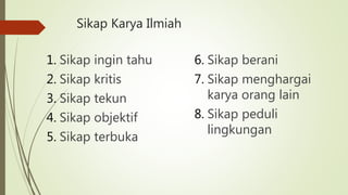 Sikap Karya Ilmiah
1. Sikap ingin tahu
2. Sikap kritis
3. Sikap tekun
4. Sikap objektif
5. Sikap terbuka
6. Sikap berani
7. Sikap menghargai
karya orang lain
8. Sikap peduli
lingkungan
 