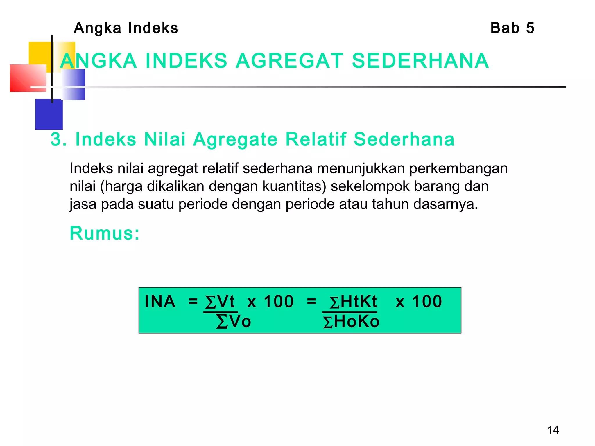 14
ANGKA INDEKS AGREGAT SEDERHANA
3. Indeks Nilai Agregate Relatif Sederhana
Indeks nilai agregat relatif sederhana menunjukkan perkembangan
nilai (harga dikalikan dengan kuantitas) sekelompok barang dan
jasa pada suatu periode dengan periode atau tahun dasarnya.
Rumus:
Angka Indeks Bab 5
INA = ∑Vt x 100 = ∑HtKt x 100
∑Vo ∑HoKo
 