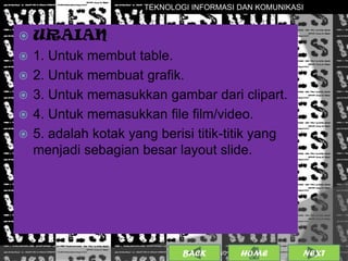 TEKNOLOGI INFORMASI DAN KOMUNIKASI


   URAIAN
   1. Untuk membut table.
   2. Untuk membuat grafik.
   3. Untuk memasukkan gambar dari clipart.
   4. Untuk memasukkan file film/video.
   5. adalah kotak yang berisi titik-titik yang
    menjadi sebagian besar layout slide.




                               BACK             17
                                      25/01/2013 OME
                                               H        NEXT
 
