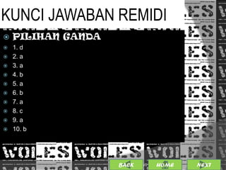 KUNCI JAWABAN REMIDI
   PILIHAN GANDA
   1. d
   2. a
   3. a
   4. b
   5. a
   6. b
   7. a
   8. c
   9. a
   10. b




                    BACK             22
                           25/01/2013 OME
                                    H       NEXT
 