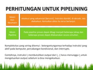 PERHITUNGAN UNTUK PIPELINING
Mesin
Von-
Neumann
eksekusi yang sekuensial (berurut). Instruksi diambil, di-decode, lalu
dieksekusi. Kemudian siklus itu terus berlanjut.
Mesin
Pipeline
Pada pipeline proses dapat dibagi menjadi beberapa tahap dan
beberapa proses dapat dilaksanakan secara simultan.
Kompleksitas yang sering ditemui : ketergantungannya terhadap instruksi yang
aktif pada komputer, percabangan kondisional, dan interrupts.
Contohnya, instruksi Ii membutuhkan output dari Ij. Ii harus menunggu Ij untuk
mengeluarkan output sebelum ia bisa mengeksekusi.
 