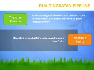 DUA-TINGKATAN PIPELINE
Tingkatan
Pertama
Tingkatan
Kedua
Prosesor mengambil instruksi dari memori utama
(main memory) dan memasukkannya ke dalam
“prefetch buffer”
Mengatasi semua hal lainnya, termasuk operasi
baca/tulis.
 
