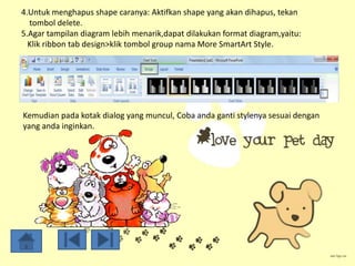 4.Untuk menghapus shape caranya: Aktifkan shape yang akan dihapus, tekan
  tombol delete.
5.Agar tampilan diagram lebih menarik,dapat dilakukan format diagram,yaitu:
  Klik ribbon tab design>klik tombol group nama More SmartArt Style.




Kemudian pada kotak dialog yang muncul, Coba anda ganti stylenya sesuai dengan
yang anda inginkan.
 
