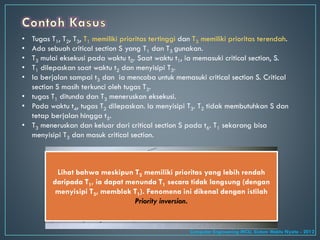 • Tugas T1, T2, T3, T1 memiliki prioritas tertinggi dan T3 memiliki prioritas terendah.
• Ada sebuah critical section S yang T1 dan T3 gunakan.
• T3 mulai eksekusi pada waktu t0. Saat waktu t1, ia memasuki critical section, S.
• T1 dilepaskan saat waktu t2 dan menyisipi T3.
• Ia berjalan sampai t3 dan ia mencoba untuk memasuki critical section S. Critical
section S masih terkunci oleh tugas T3.
• tugas T1 ditunda dan T3 meneruskan eksekusi.
• Pada waktu t4, tugas T2 dilepaskan. Ia menyisipi T3. T2 tidak membutuhkan S dan
tetap berjalan hingga t5.
• T3 meneruskan dan keluar dari critical section S pada t6. T1 sekarang bisa
menyisipi T3 dan masuk critical section.
Lihat bahwa meskipun T2 memiliki prioritas yang lebih rendah
daripada T1, ia dapat menunda T1 secara tidak langsung (dengan
menyisipi T3, memblok T1). Fenomena ini dikenal dengan istilah
Priority inversion.
Computer Engineering MCU, Sistem Waktu Nyata - 2012
 