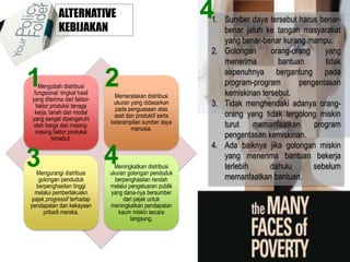 ALTERNATIVE
KEBIJAKAN

1

Mengubah distribusi
fungsional: tingkat hasil
yang diterima dari faktorfaktor produksi tenaga
kerja, tanah dan modal
yang sangat dipengaruhi
oleh harga dari masingmasing faktor produksi
tersebut.

3

Mengurangi distribusi
golongan penduduk
berpenghasilan tinggi
melalui pemberlakuakn
pajak progressif terhadap
pendapatan dan kekayaan
pribadi mereka.

2
Memeratakan distribusi
ukuran yang didasarkan
pada penguasaan atas
aset dan produktif serta
keterampilan sumber daya
manusia.

4

Meningkatkan distribusi
ukuran golongan penduduk
berpenghasilan rendah
melalui pengeluaran publik
yang dana-nya bersumber
dari pajak untuk
meningkatkan pendapatan
kaum miskin secara
langsung.

4

1. Sumber daya tersebut harus benarbenar jatuh ke tangan masyarakat
yang benar-benar kurang mampu.
2. Golongan
orang-orang
yang
menerima
bantuan
tidak
sepenuhnya bergantung pada
program-program
pengentasan
kemiskinan tersebut.
3. Tidak menghendaki adanya orangorang yang tidak tergolong miskin
turut
memanfaatkan
program
pengentasan kemiskinan.
4. Ada baiknya jika golongan miskin
yang menerima bantuan bekerja
terlebih
dahulu
sebelum
memanfaatkan bantuan.

 