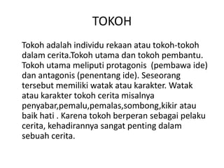 TOKOH
Tokoh adalah individu rekaan atau tokoh-tokoh
dalam cerita.Tokoh utama dan tokoh pembantu.
Tokoh utama meliputi protagonis (pembawa ide)
dan antagonis (penentang ide). Seseorang
tersebut memiliki watak atau karakter. Watak
atau karakter tokoh cerita misalnya
penyabar,pemalu,pemalas,sombong,kikir atau
baik hati . Karena tokoh berperan sebagai pelaku
cerita, kehadirannya sangat penting dalam
sebuah cerita.
 