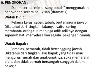 6. PENOKOHAN :
Dalam cerita “mimpi sang bocah” menggunakan
penokohan secara pelukisan (dramatik)
Watak Didit :
Pekerja keras, sabar, tabah, bertanggung jawab
Diketahui dari tingkah lakunya, yaitu sering
membantu orang tua menjaga adik-adiknya dengan
sepenuh hati menyelesaikan segala pekerjaan rumah.
Watak Bapak :
Pemalas, pemarah, tidak bertanggung jawab .
Diketahui dari tingkah laku bapak yang tidak mau
mengurus rumah dan anak-anaknya, suka memarahi
didit, dan tidak pernah bersunguh-sungguh dalam
bekerja.
 